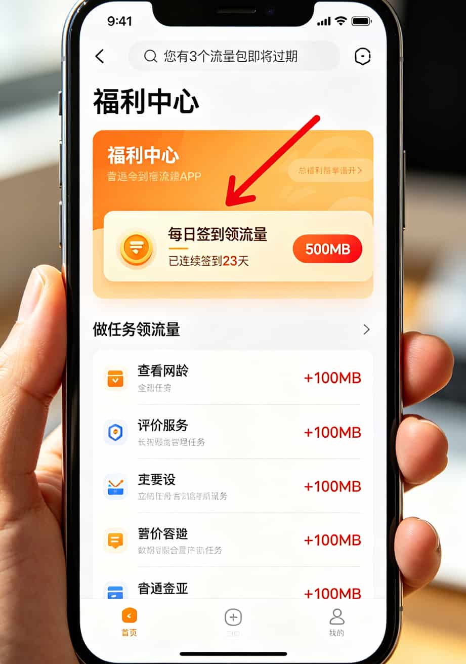 用了8年流量卡,终于敢说透“流量卡29元永久套餐”的真相 手机APP截图,红圈标出“领取免费流量”的入口