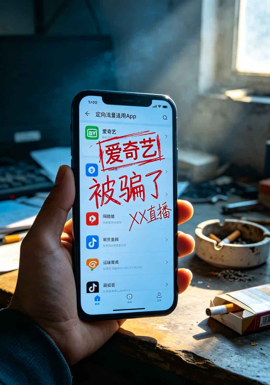 手机截图显示定向流量App列表，爱奇艺被划掉换成了一个陌生软件