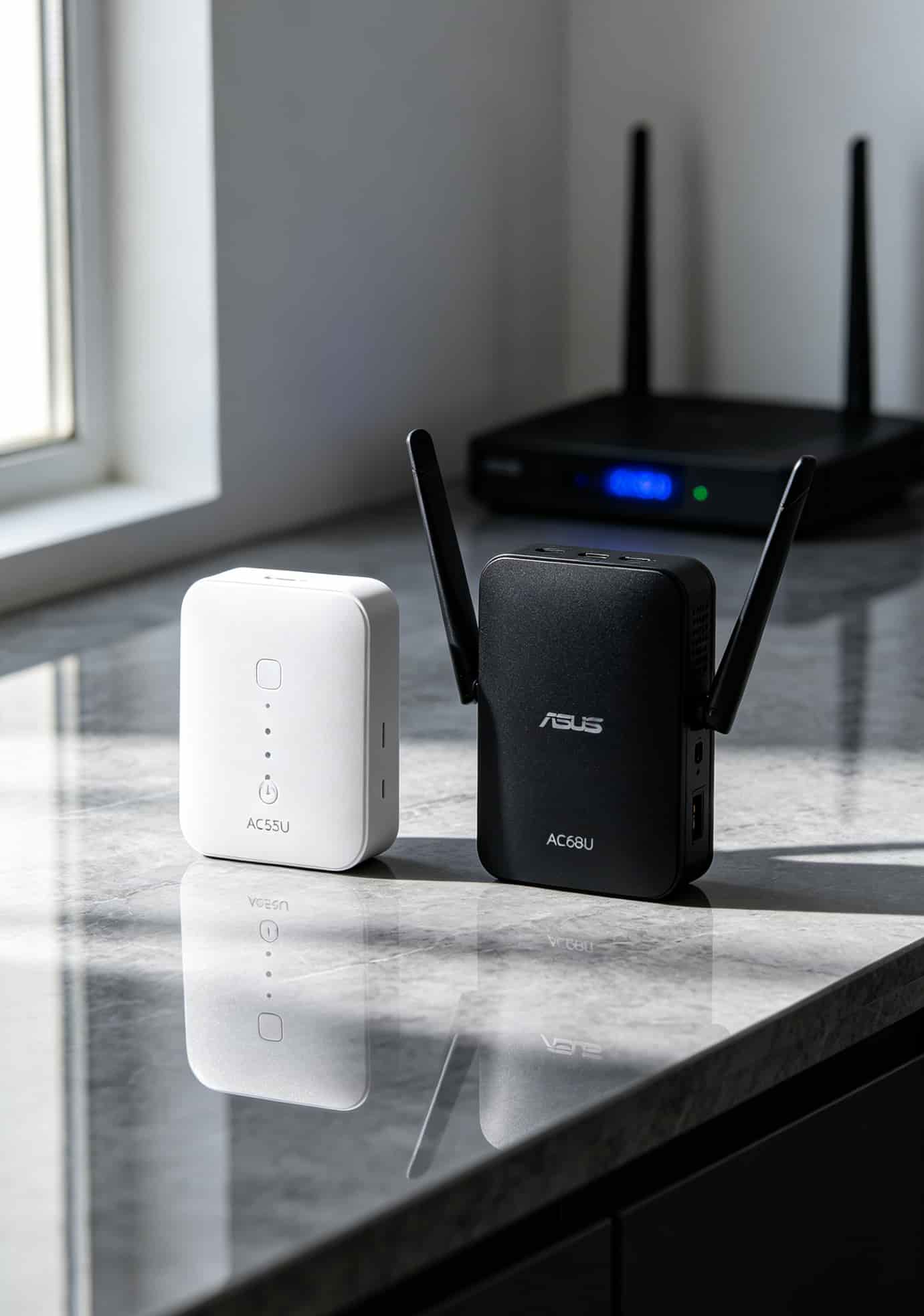 代理移动流量卡前,我修了500台随身WiFi:断网、选型、避坑全实录 华硕4G-AC55U与AC68U并排外观对比