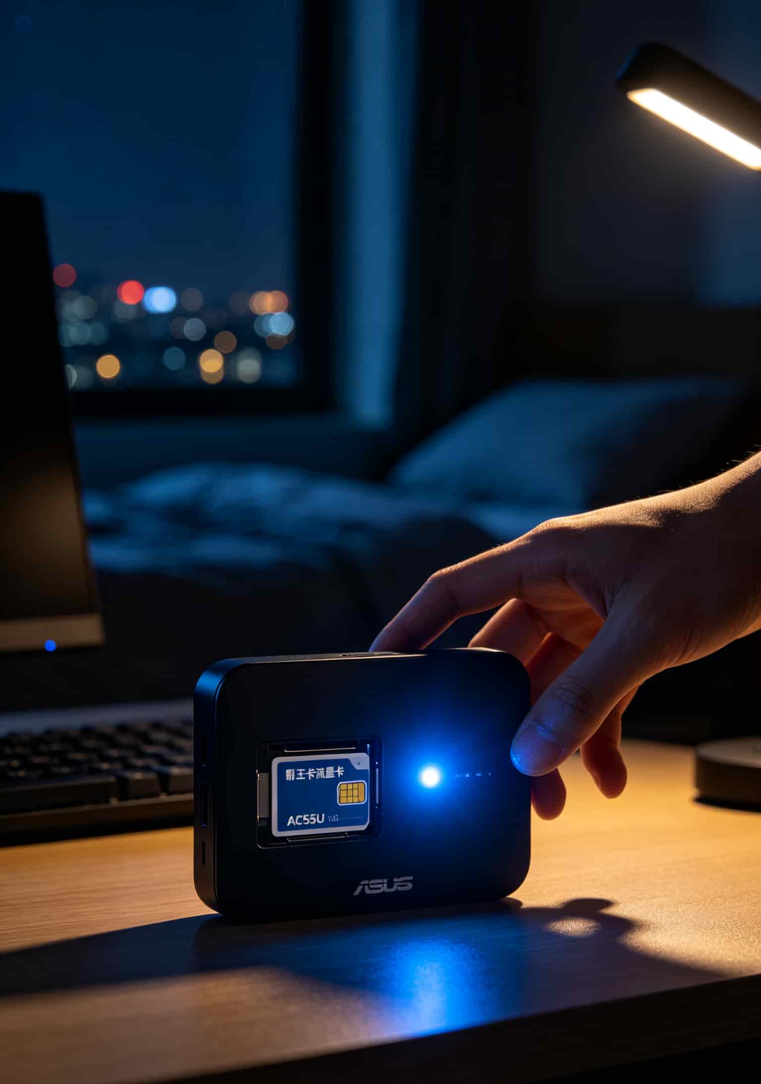 华硕随身WiFi+霸王卡流量卡折腾记:激活、避坑、省钱全在这儿了 华硕AC55U设备插着霸王卡流量卡,指示灯蓝色常亮