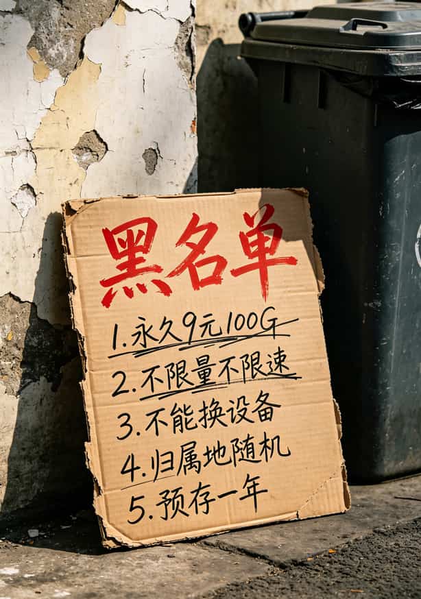 本地流量卡如何办理?亏了两个月工资才整明白,别再交智商税了 一张红色警告牌风格的手写列表,写着五种要避开的卡类型