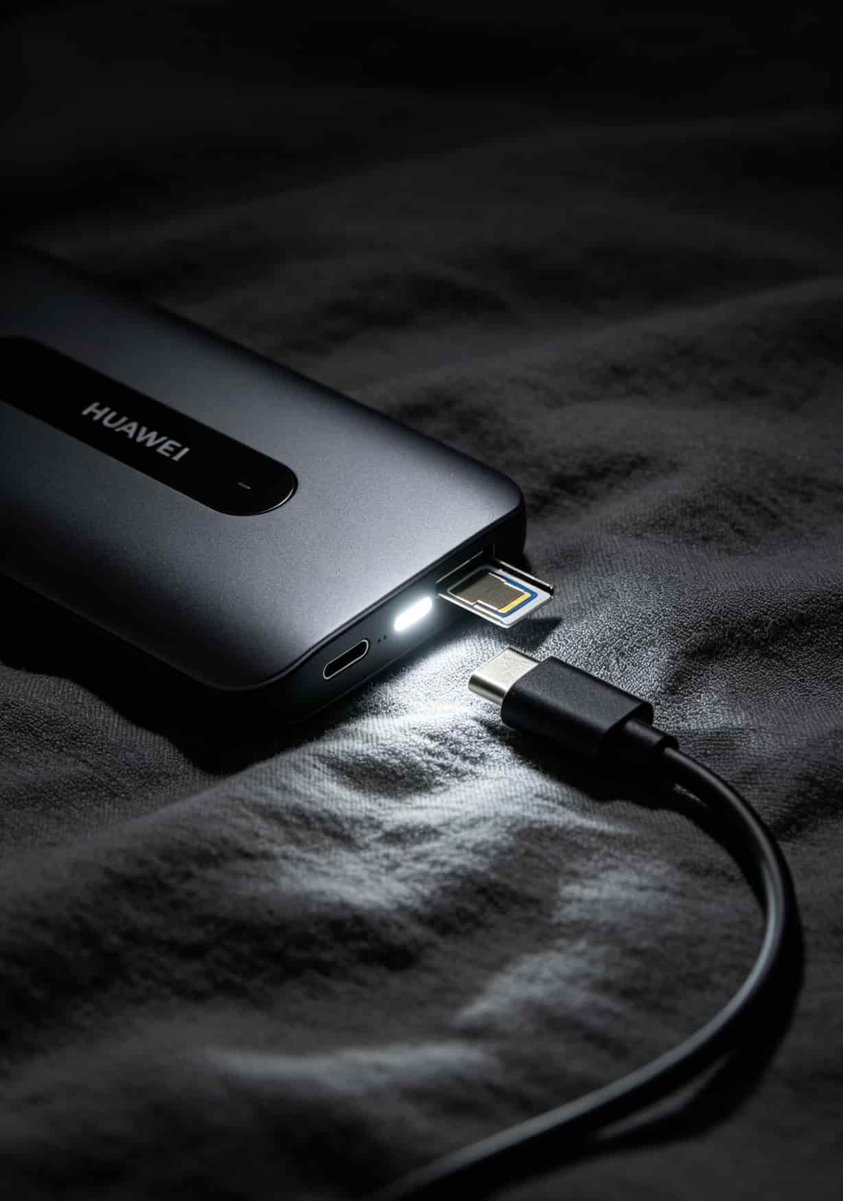 华为随身WiFi E5576插着SIM卡，指示灯亮白色