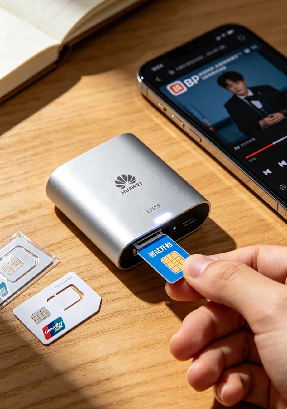 华为随身WiFi插着一张三网通流量卡，旁边放着手机打开B站APP