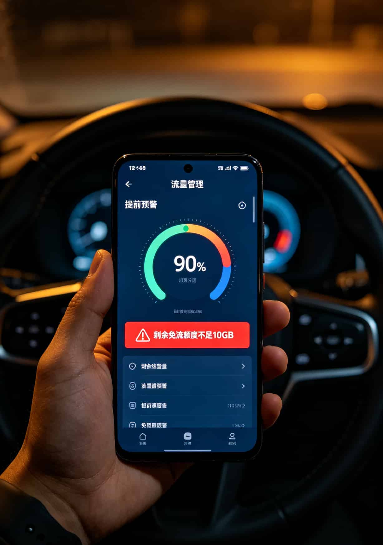 华为智慧生活APP的流量管理界面，设置了90%的警告线