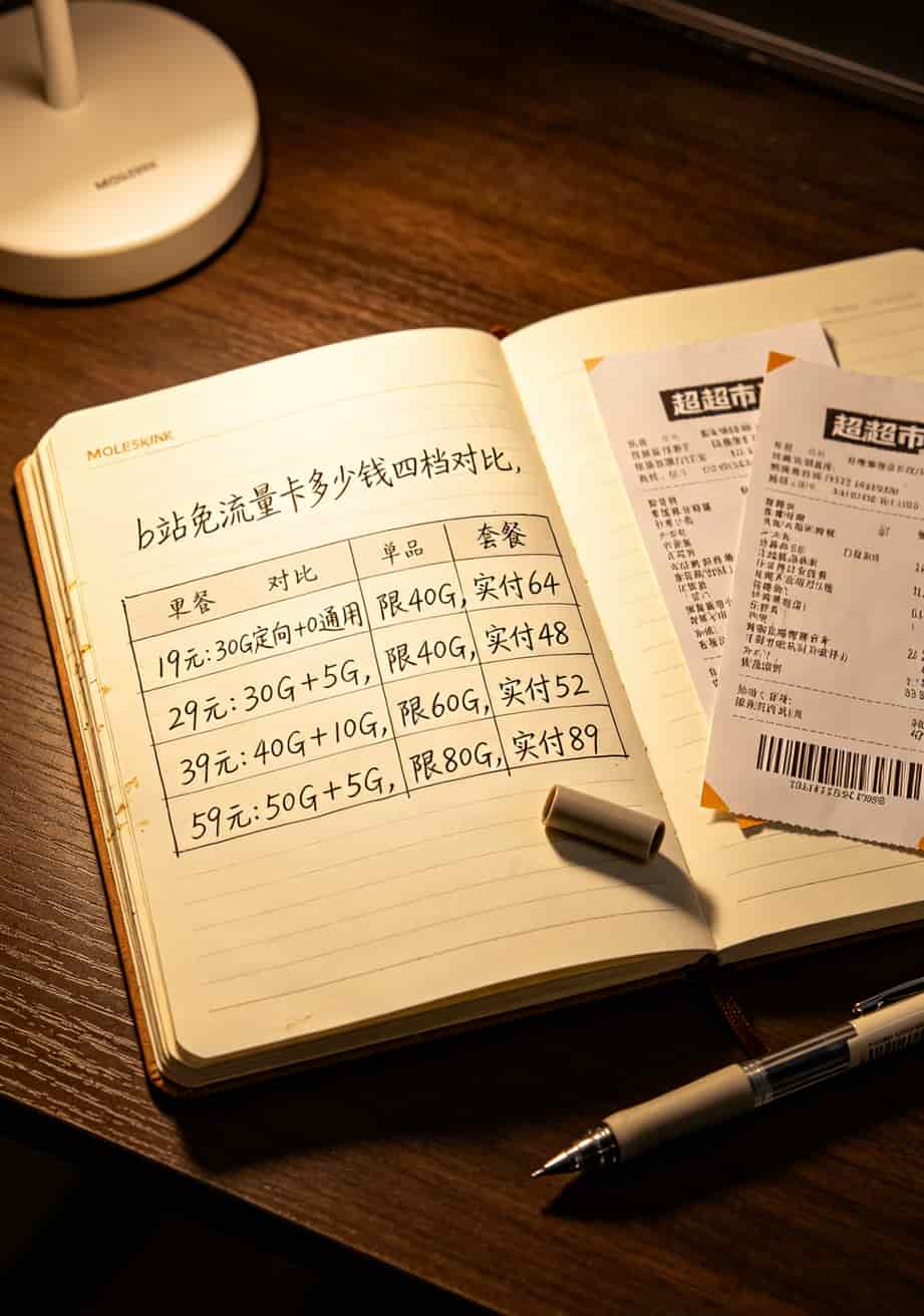 b站免流量卡多少钱四档套餐对比表，包含定向流量、通用流量、限速阈值和真实月均费用
