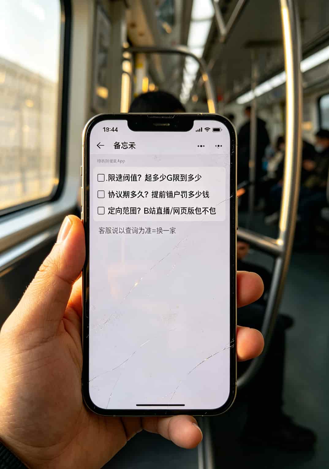 手机备忘录截图，写着限速阈值、协议期、定向范围三个必问问题