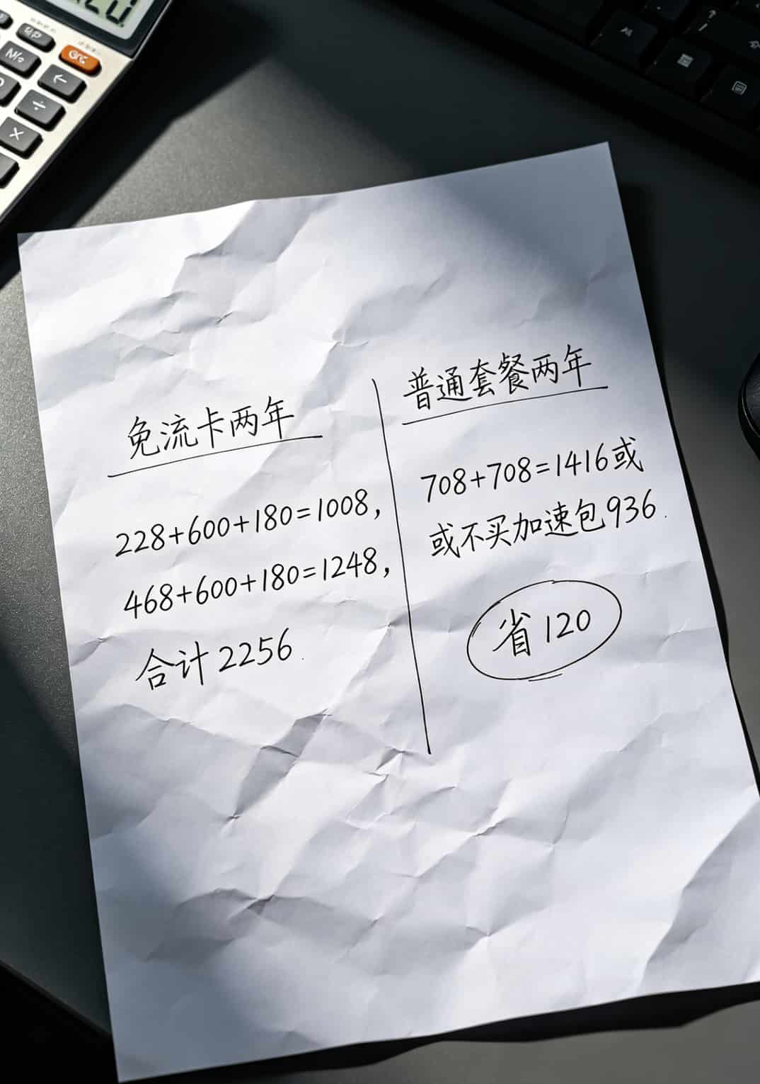 两年总花费计算表格，免流卡2256元对比普通套餐2136元，差额120元