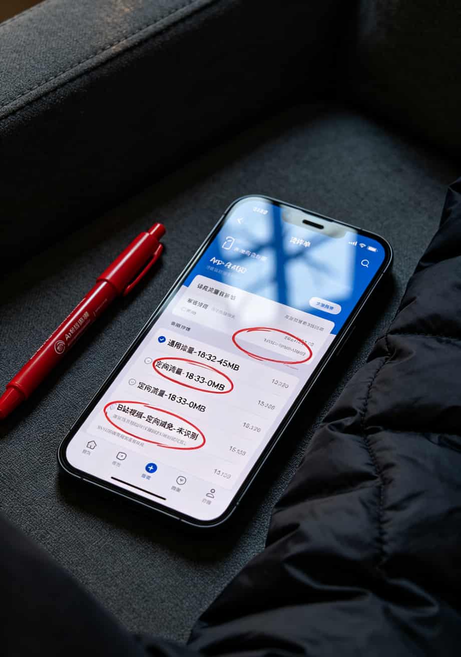 运营商App流量详单截图，标注出免流和扣费的部分，显示通用流量被错误扣费