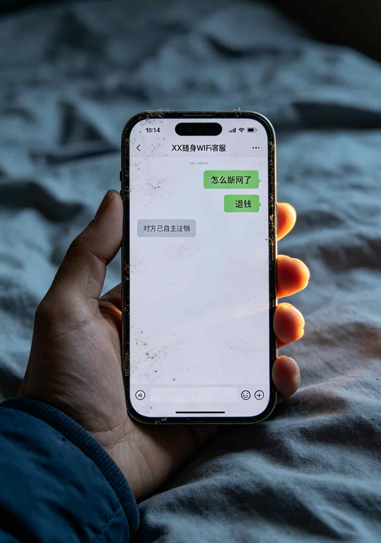 线上购买免流卡被骗后的手机截图，显示公众号已注销和客服失联界面