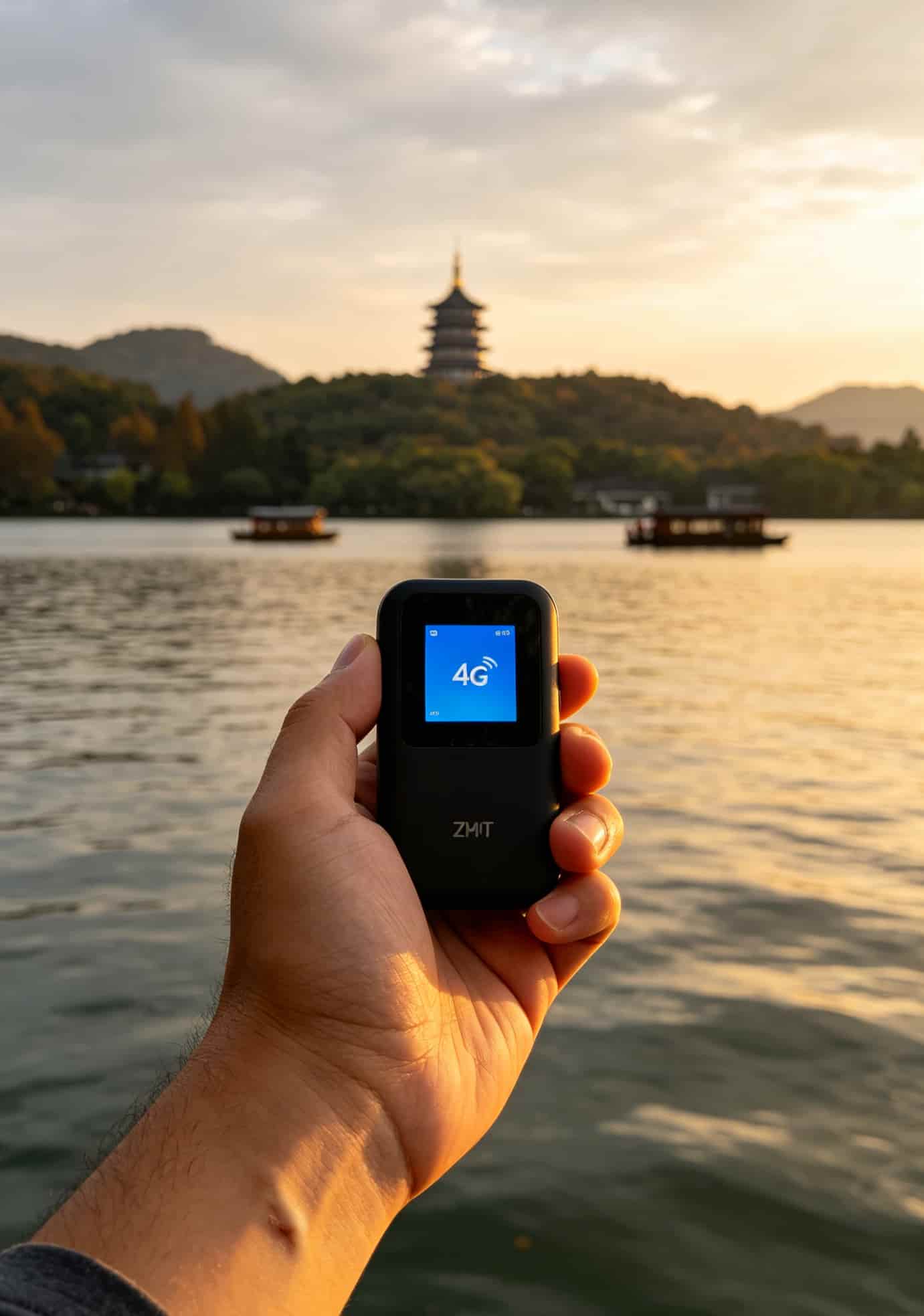 阿强握着中兴随身WiFi的外景自拍，背景杭州西湖