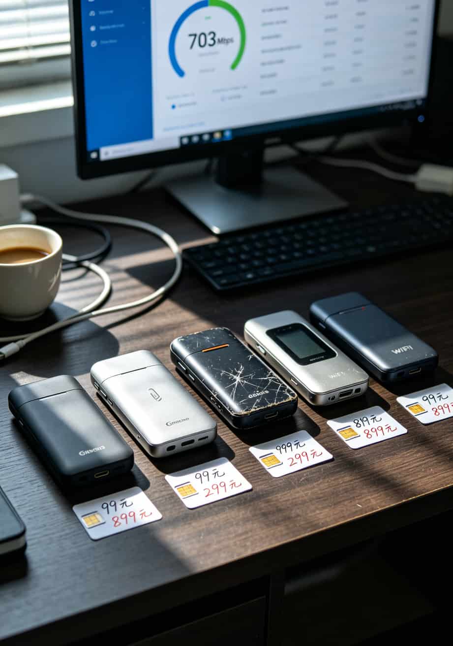 五台不同价位的随身WiFi设备并排放在桌面上，背景是测速软件界面