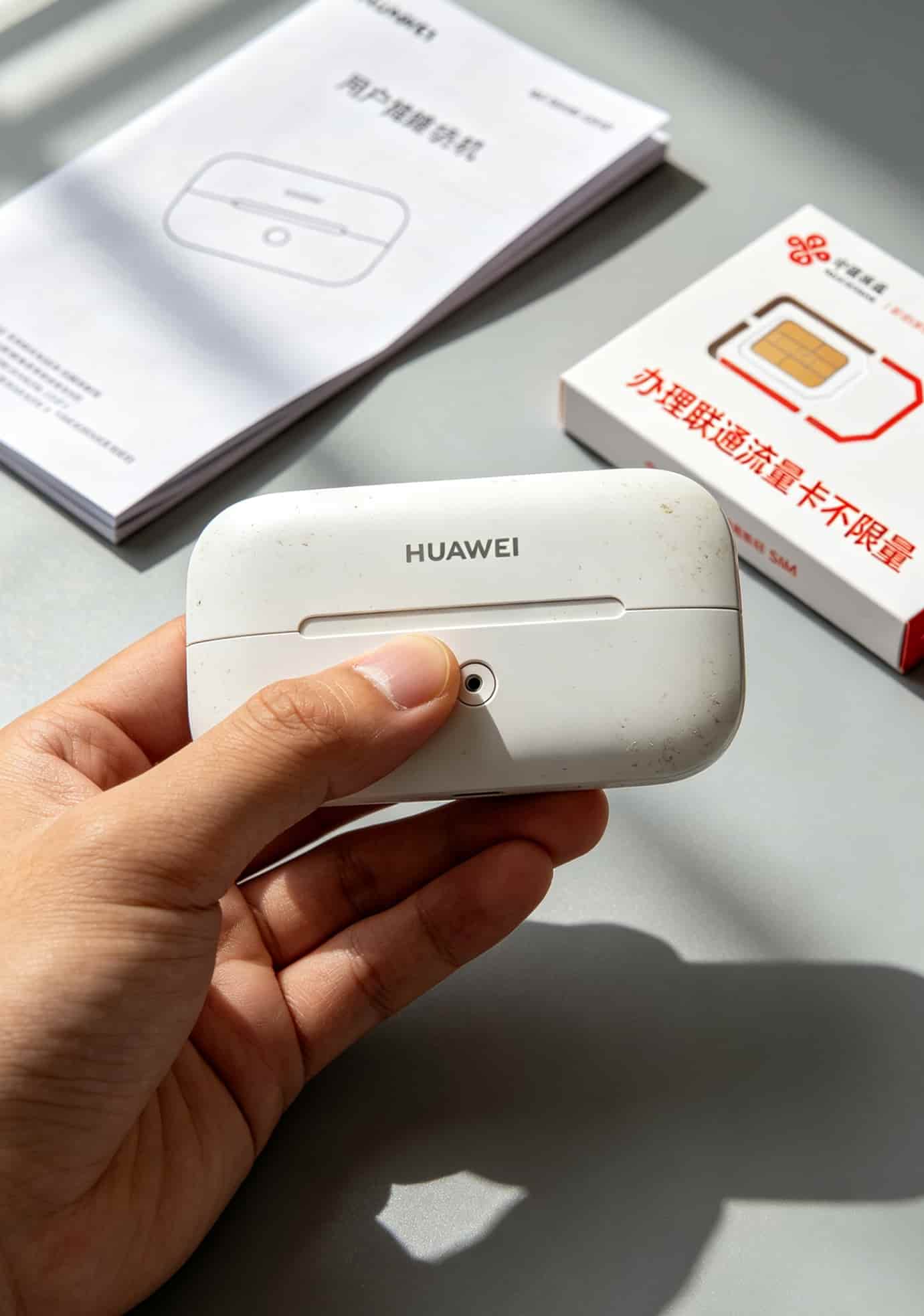 华为随身WiFi老断网?别急着换设备!先办张联通流量卡不限量,再按这土法排查,90%故障自己搞定 华为随身WiFi侧面重置孔位置示意图