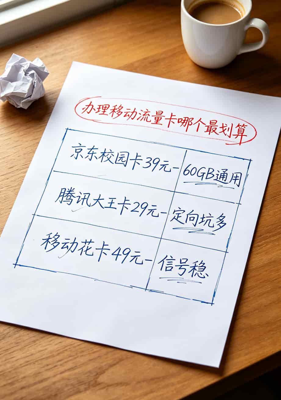 跑了三趟营业厅,终于搞懂办理移动流量卡哪个最划算了(附10个野路子) 三款手机卡资费对比表格,包含京东校园卡39元、腾讯大王卡29元、移动花卡49元
