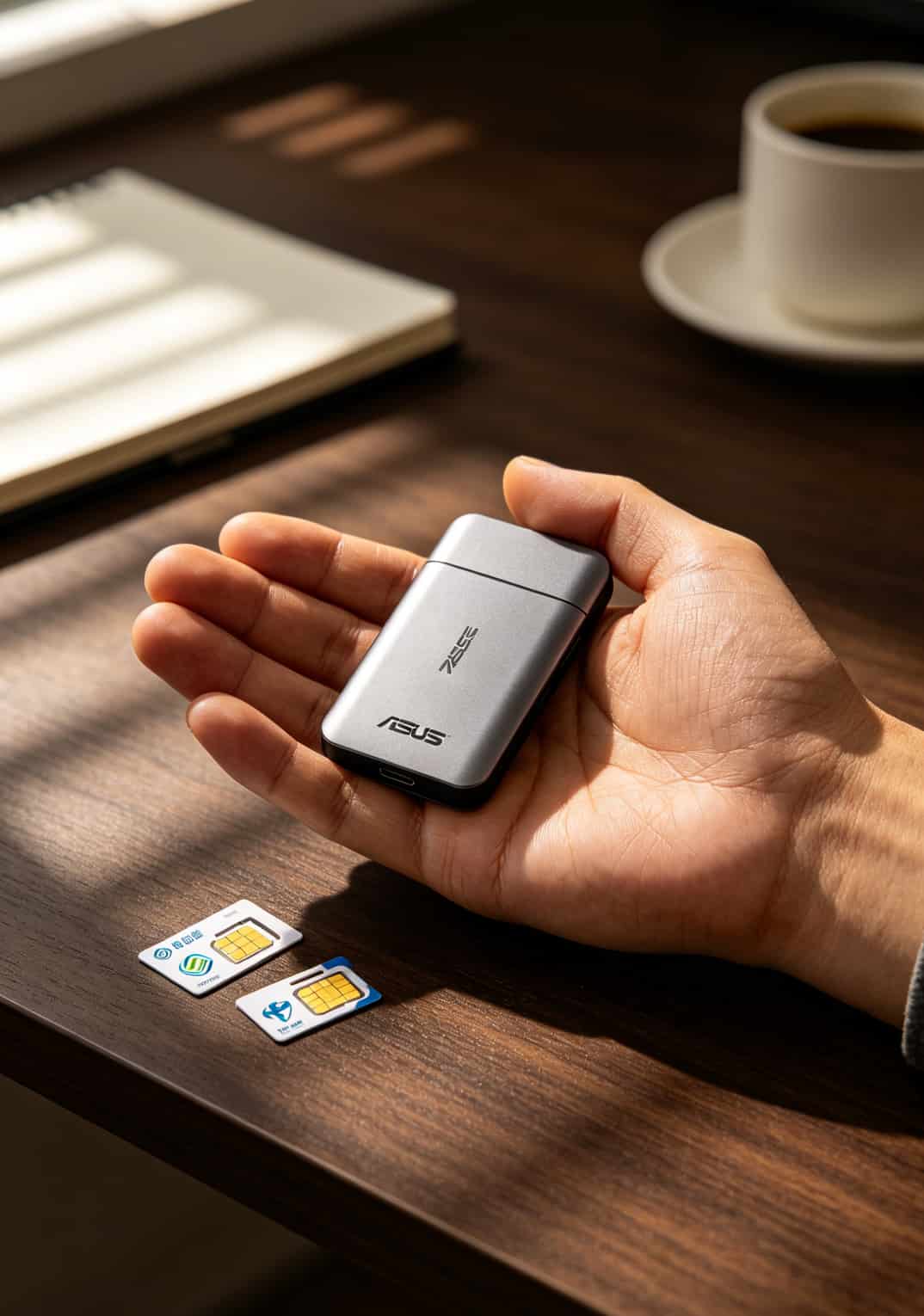 老张手里拿着华硕随身WiFi和两张SIM卡