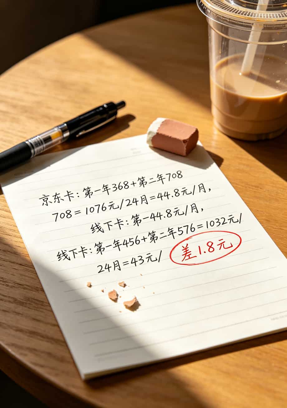 两年总花费计算表格，对比京东电信39元套餐与线下48元套餐的总支出