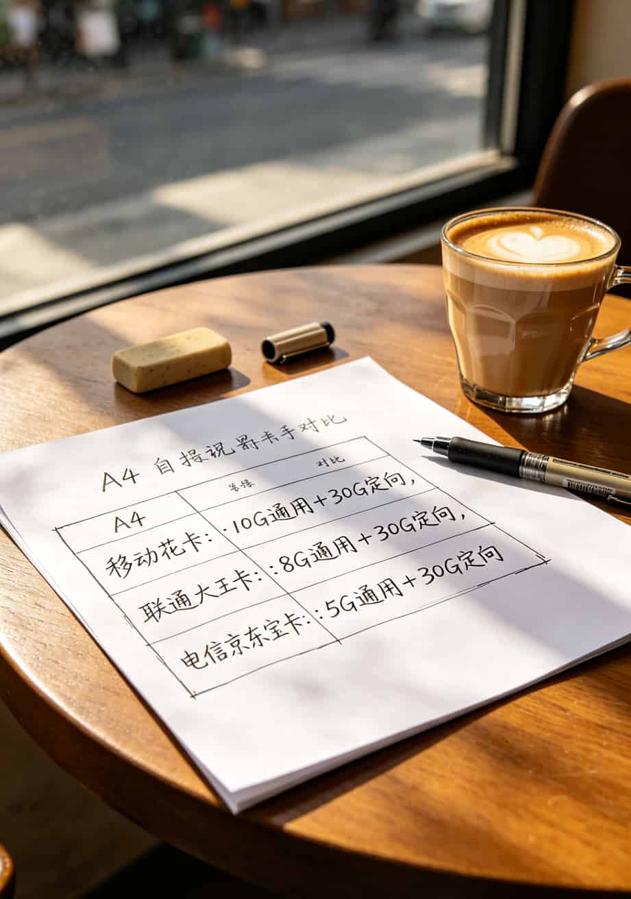 京东校园卡六个档位对比图，标注每个档位的通用流量和定向流量数值