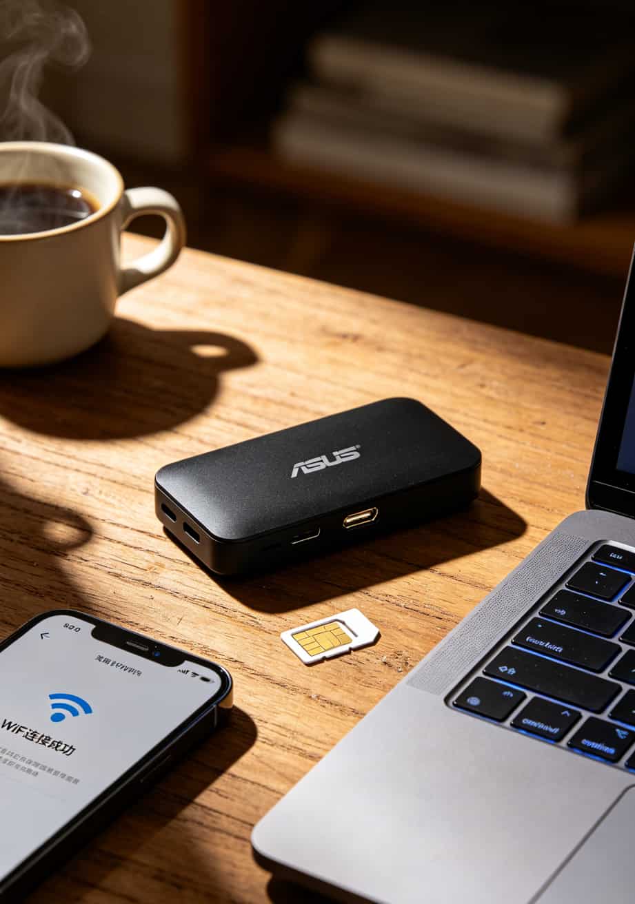 华硕随身WiFi+霸王卡流量卡折腾记:激活、避坑、省钱全在这儿了 华硕随身WiFi和霸王卡流量卡放在桌面上,旁边是手机和电脑