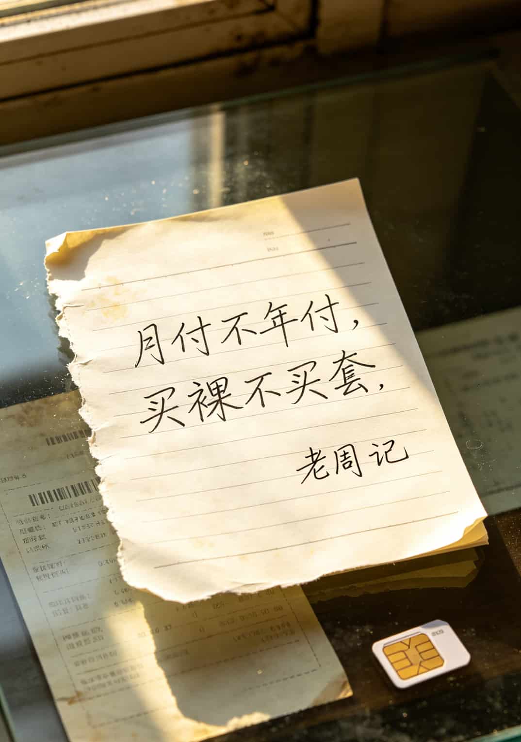 199元“霸王卡的流量”包年,我用了19天就后悔了(附避坑指南) 一张手写纸条,上面写着“月付不年付,买裸不买套”