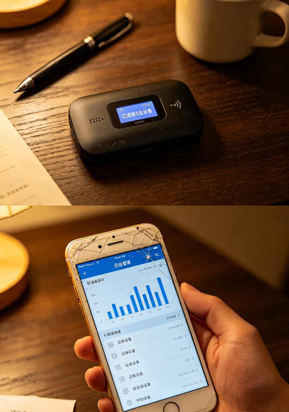 北海随身WiFi设备正面和后台流量监控界面，显示已连接5台设备