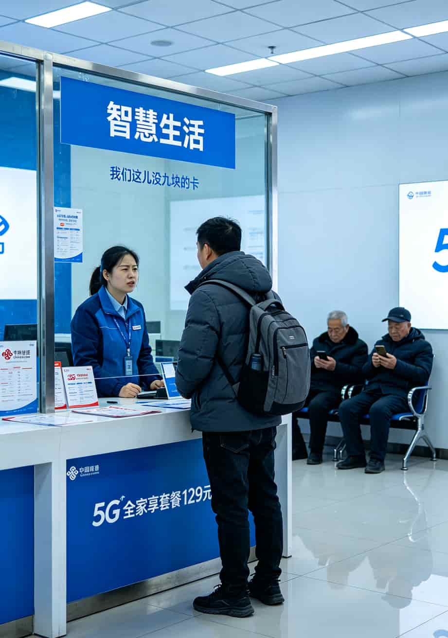 北京联通营业厅内部环境，柜台前有客户在咨询