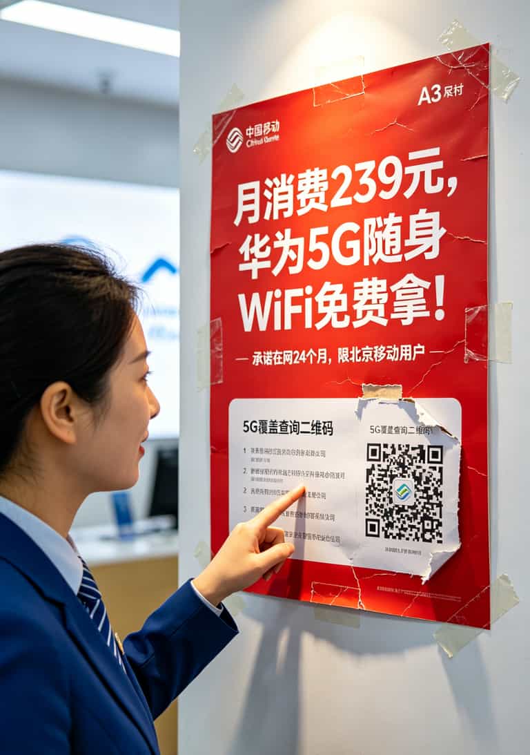 “宝卡专属流量包括哪些软件”别问了,插进华为5G随身WiFi全白搭!我亏800块的血泪总结 北京移动营业厅合约机活动海报,239元套餐送华为5G随身WiFi