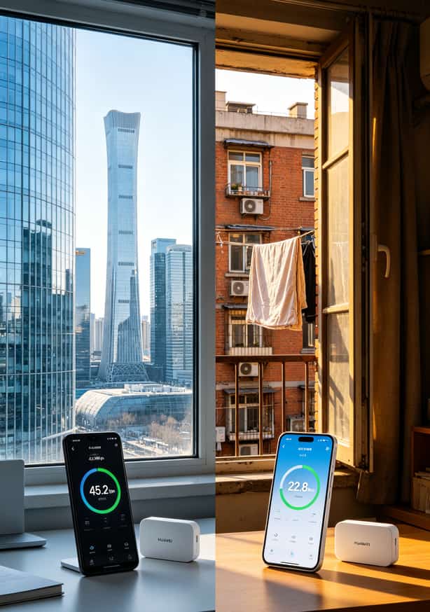 华为随身WiFi到底配什么卡?200gb流量是什么卡?我换了7张卡踩坑总结 不同地点手机信号强度对比-国贸45Mbpsvs十里堡22Mbps