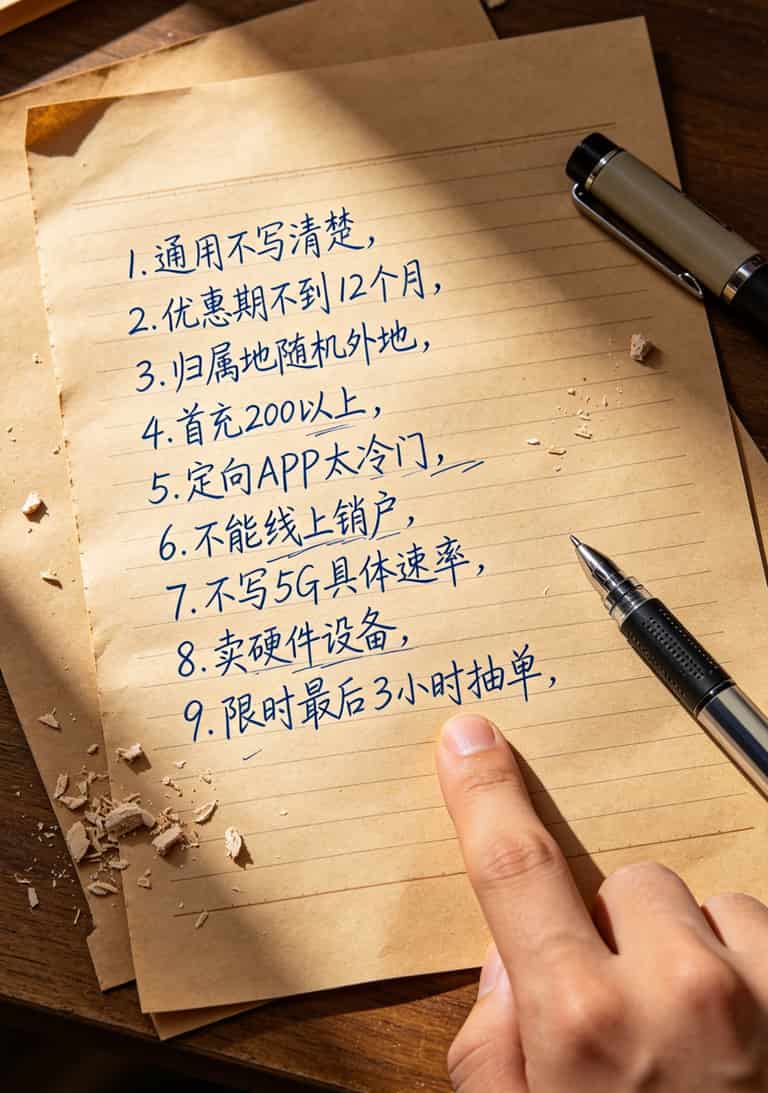 办了30张流量卡,告诉你办理什么卡流量最多又划算(19元185G背后全是坑) 一张手写的避坑清单,列出了九种不能办的卡类型