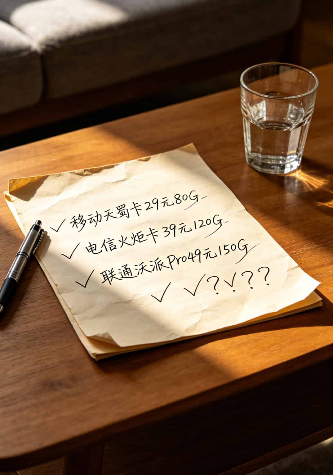 作者手写的三款流量卡对比草稿，字迹潦草但数字清晰
