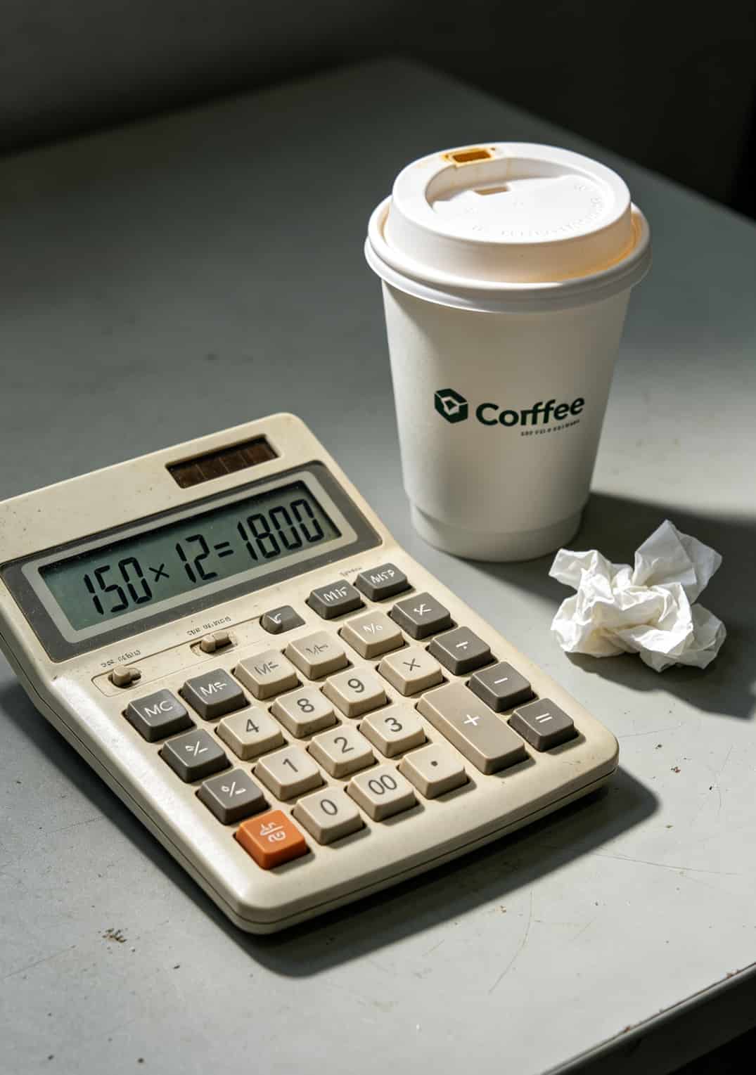 计算器上显示数字，旁边有咖啡杯