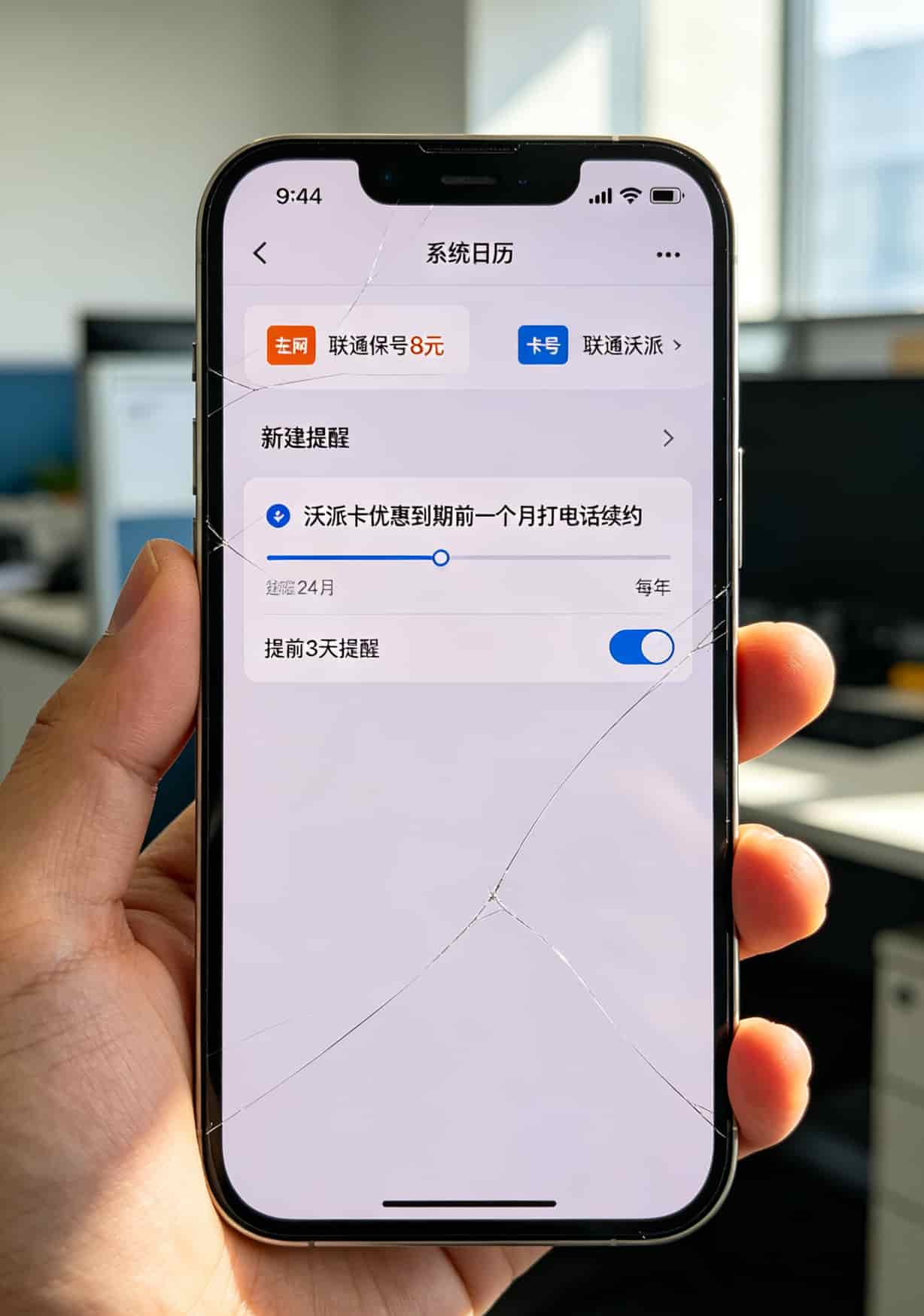 手机日历提醒截图，写着“沃派卡优惠到期前一个月续约”