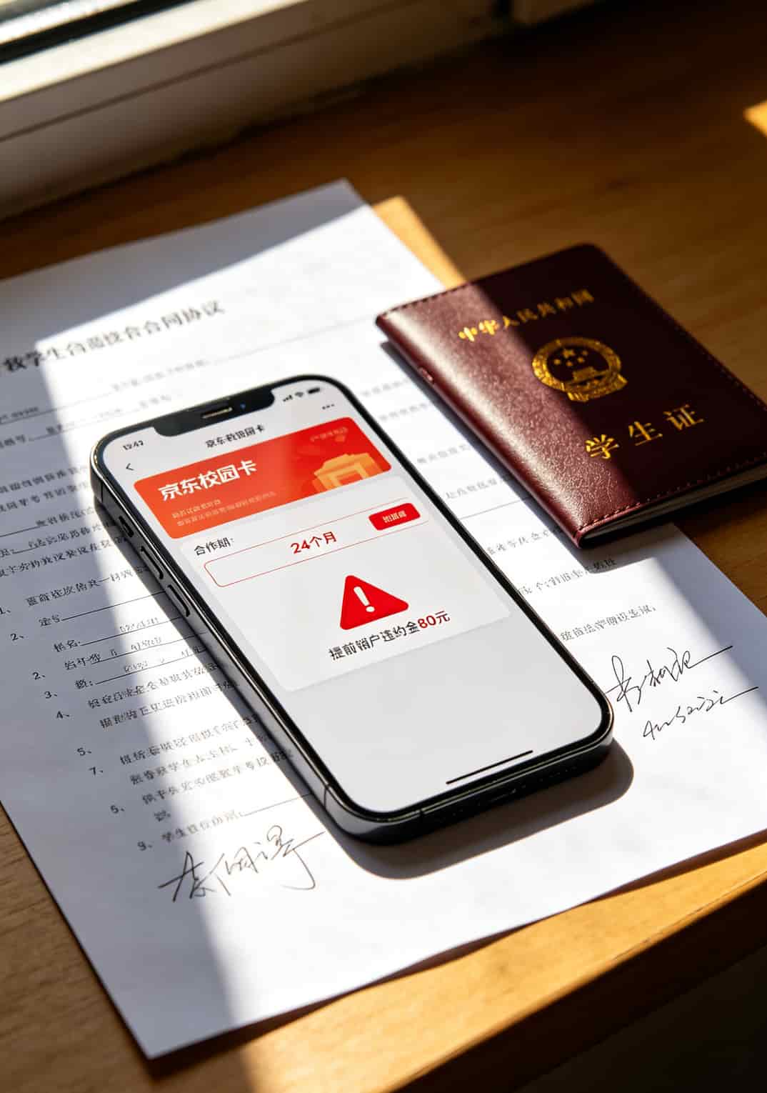 京东校园卡申请页面，合约期选项处标红提示24个月