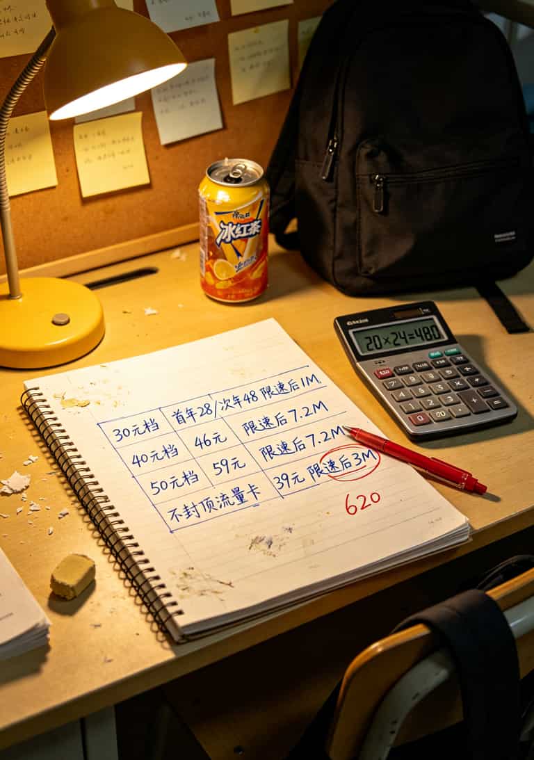 不同价位校园卡月租对比表格，30元档到59元档