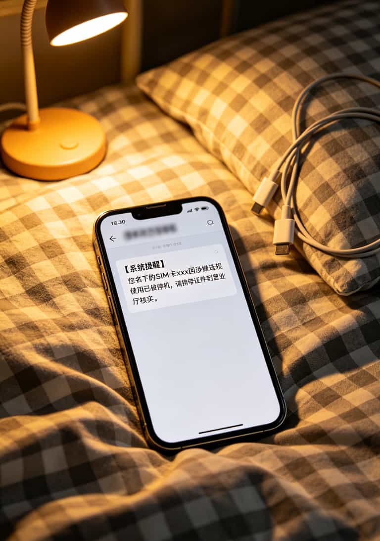 运营商停机短信截图，显示“该卡因涉嫌违规使用已被停机”