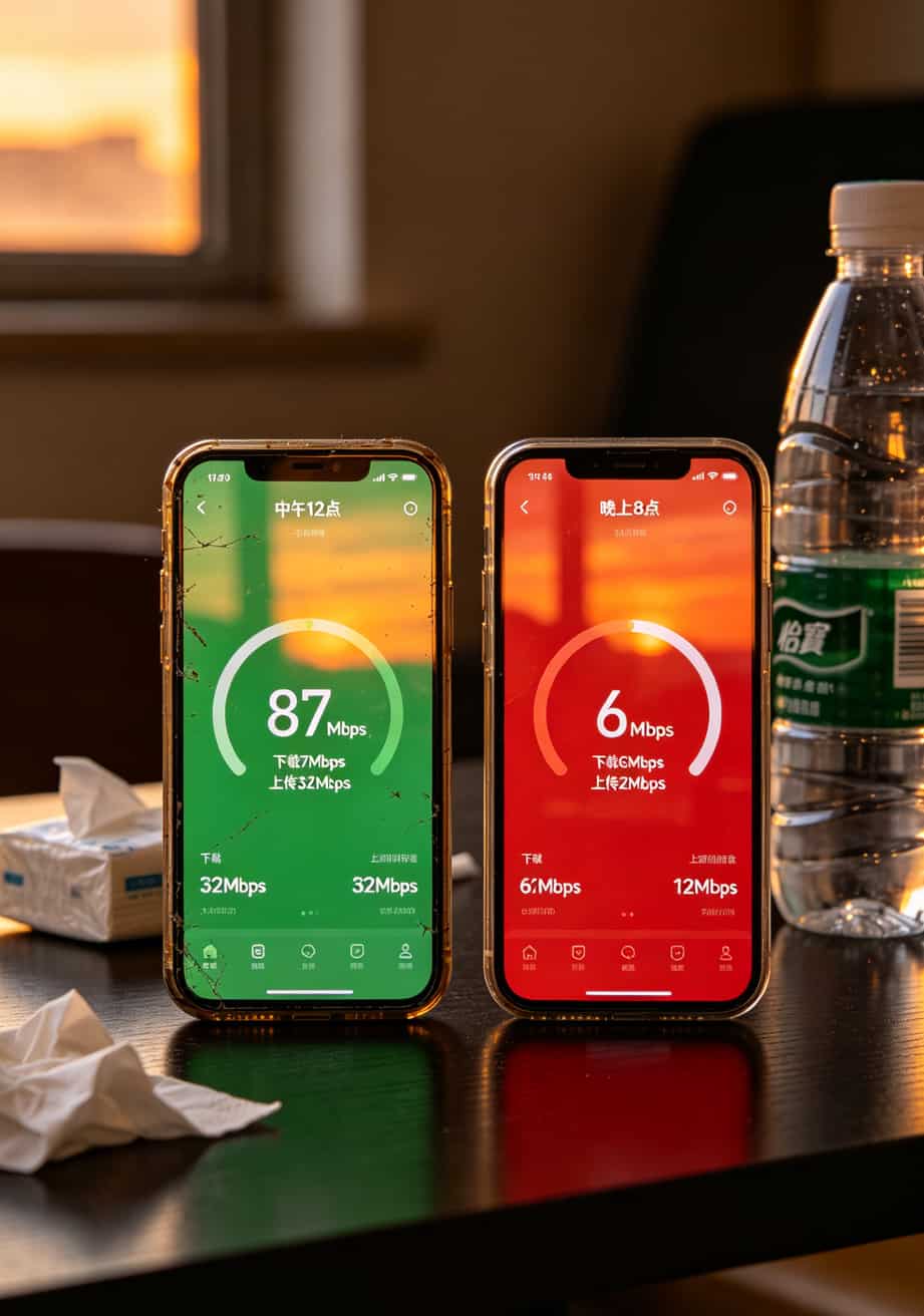 一张50元100g流量卡+华为随身WiFi,我替你们踩了半年坑,这是真实体验 不同时间段测速对比截图,晚高峰明显下降