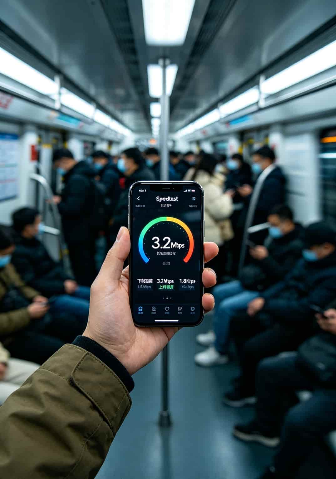 长沙地铁2号线车厢内，手机屏幕显示网速测试结果3.2Mbps
