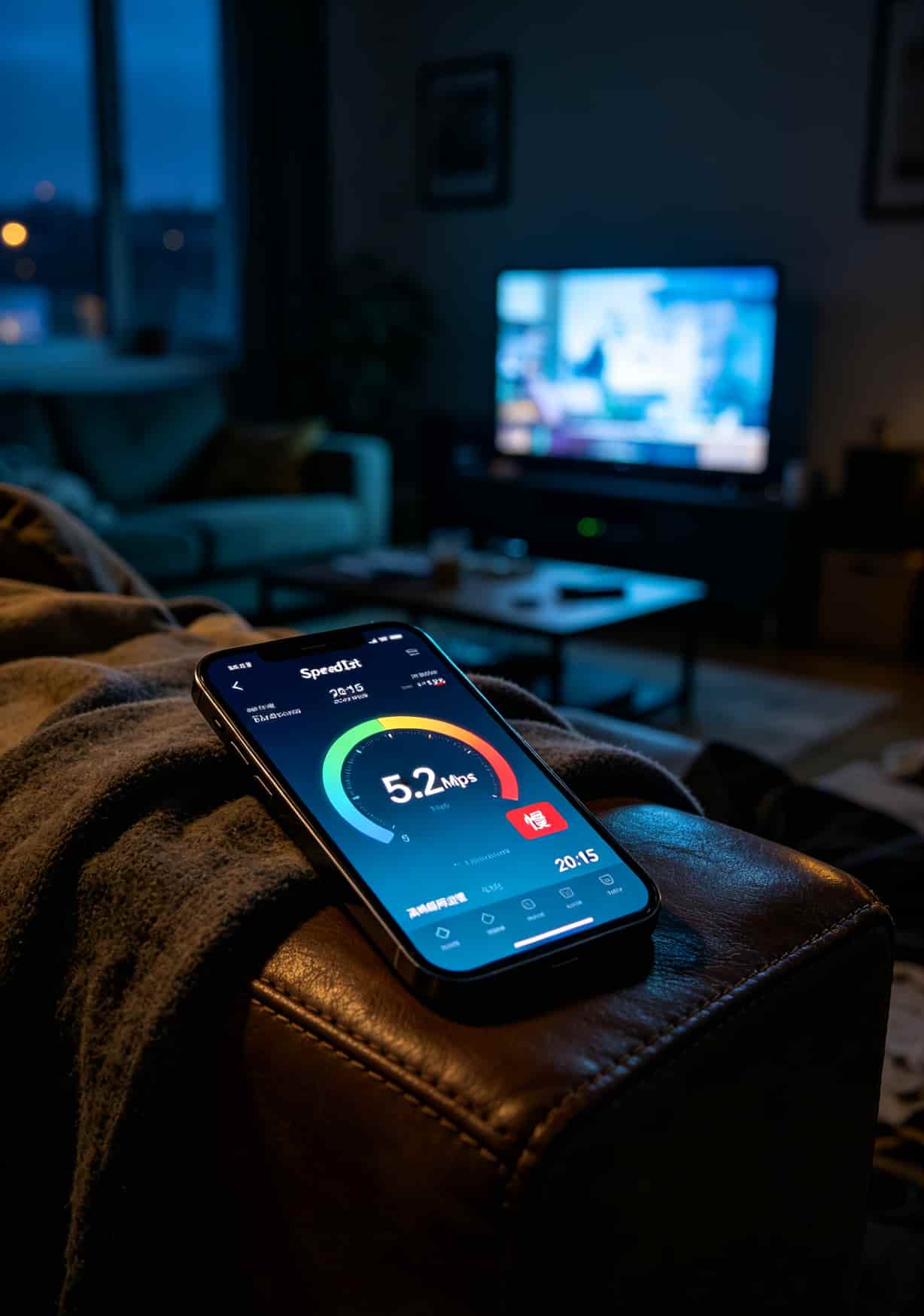 网速测试结果截图，显示下载速度5.2Mbps，时间晚上8点15分