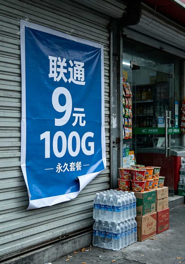 超市门口贴的手机卡广告海报，9元100G字体巨大