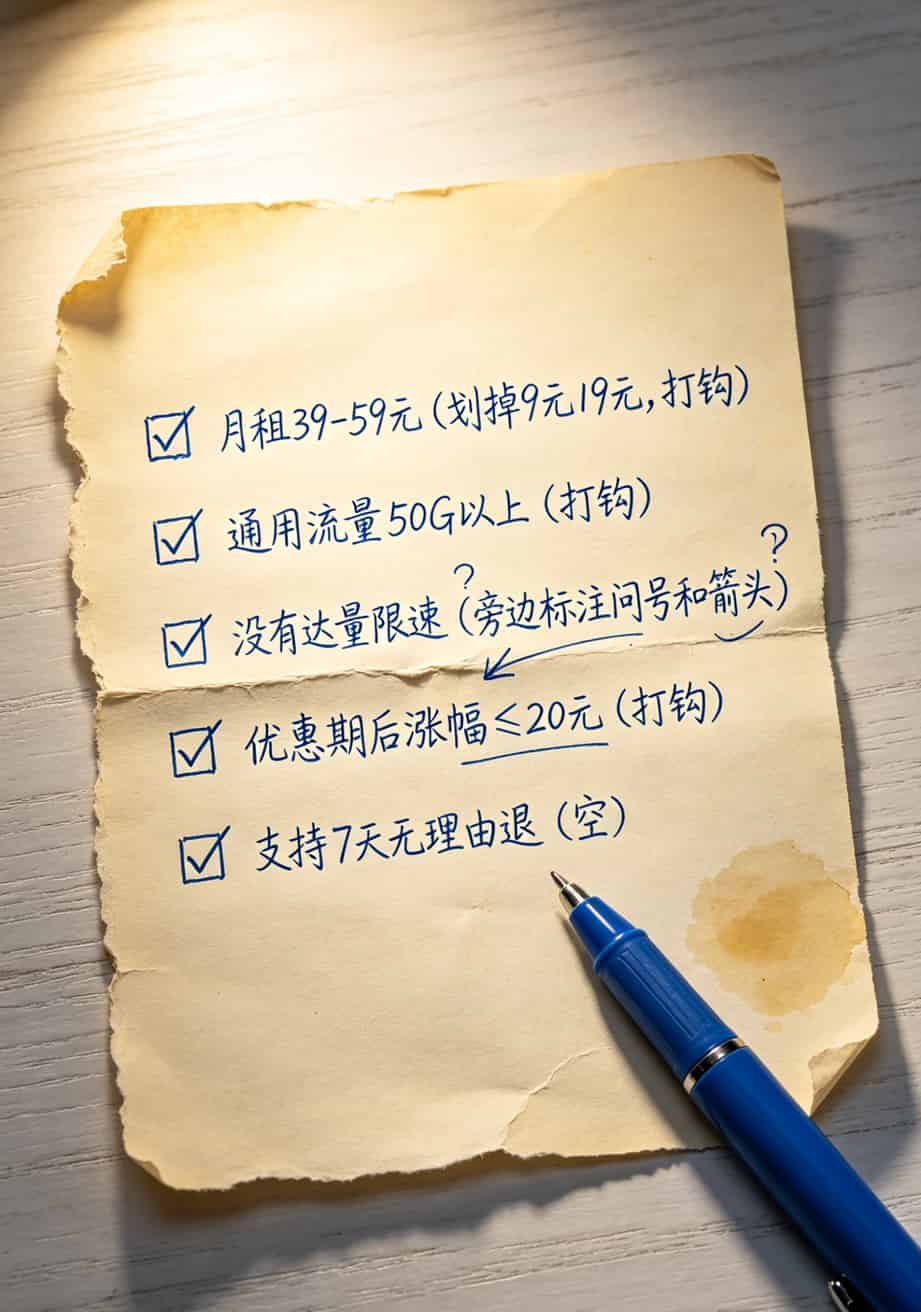 4g手机流量卡多少钱一个月?我花了三个月华强北实测,告诉你9块到199块哪个最坑 一张靠谱4G流量卡的选购检查清单,手写风格,五项打勾