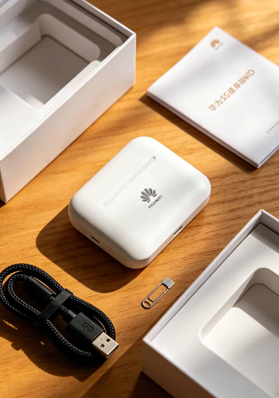 华为5G随身WiFi设备开箱实拍，包含主机、充电线和SIM卡针