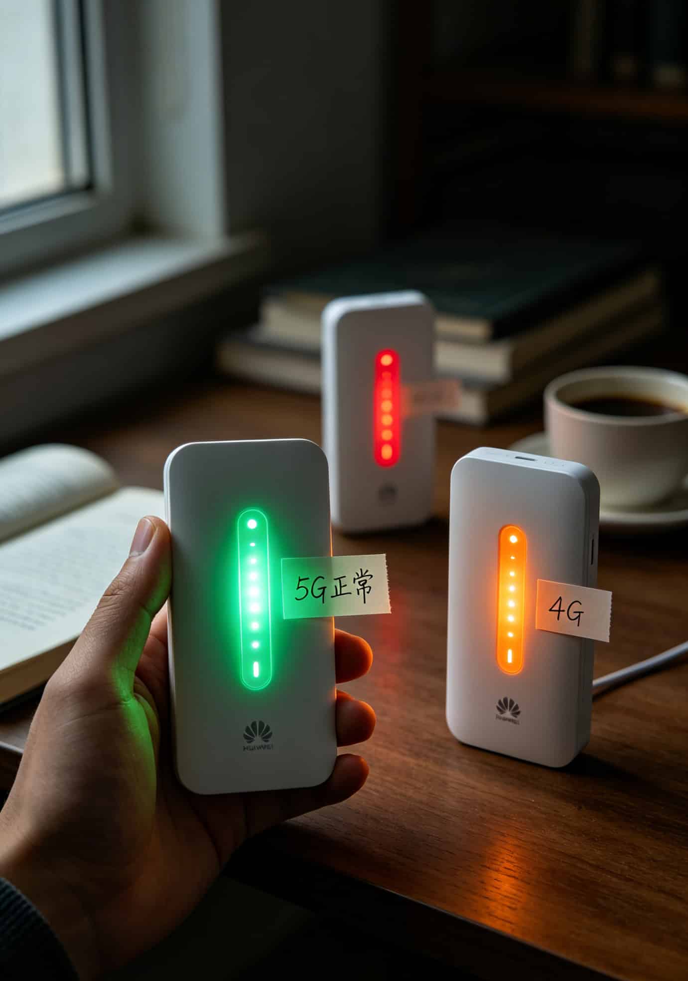 华为5G随身WiFi指示灯状态说明：绿色代表5G正常，橙色为4G，红色为无信号