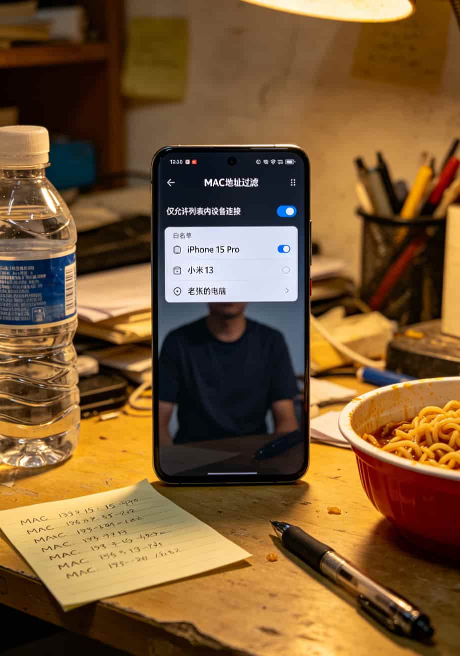 华为随身WiFi MAC地址过滤设置界面，设备白名单列表