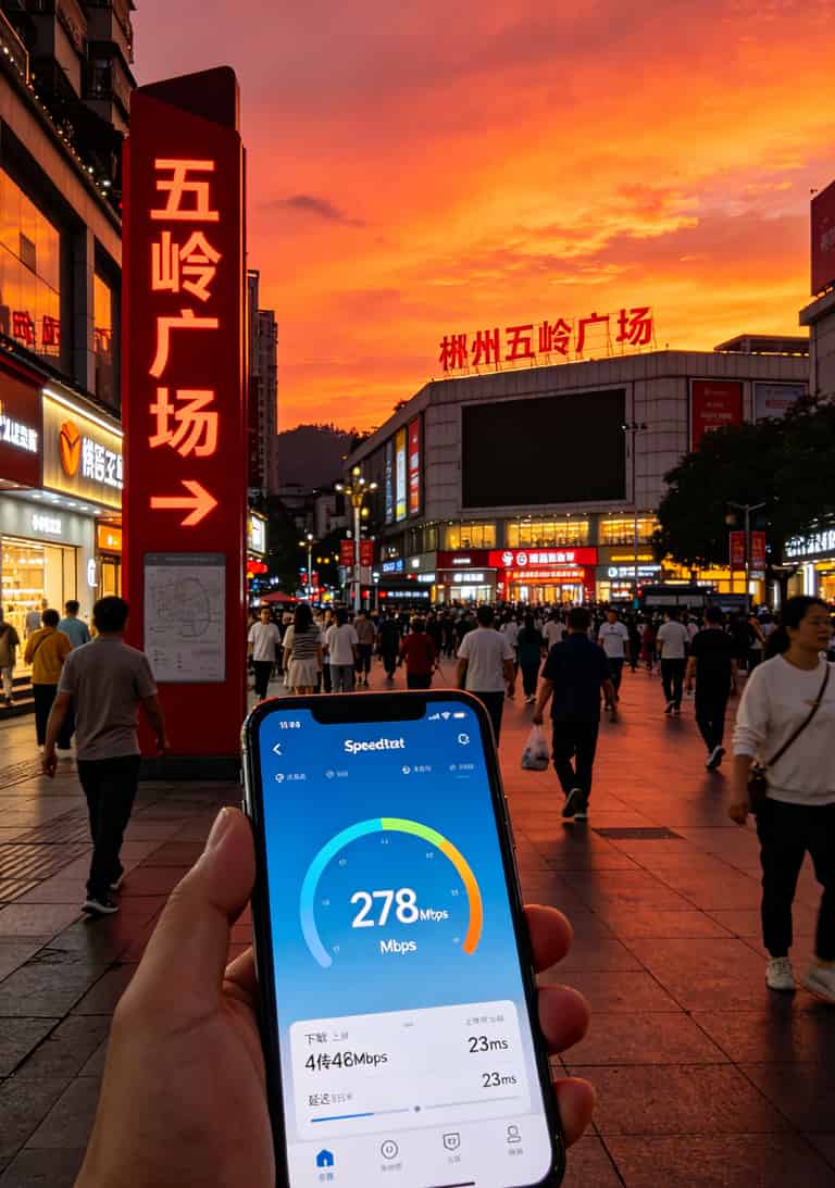 郴州五岭广场测速结果截图，显示下行278Mbps上行42Mbps