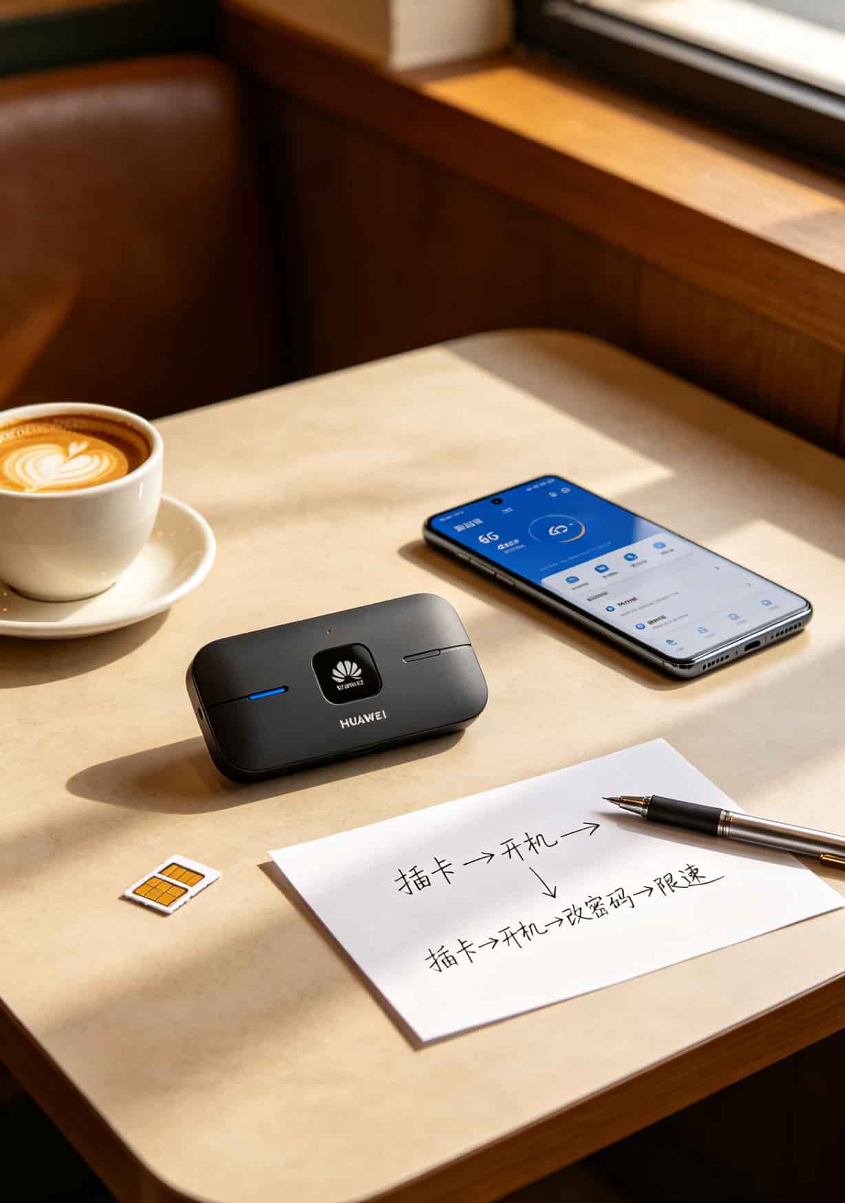 华为5G随身WiFi完整的设置流程示意图，从插卡到限速