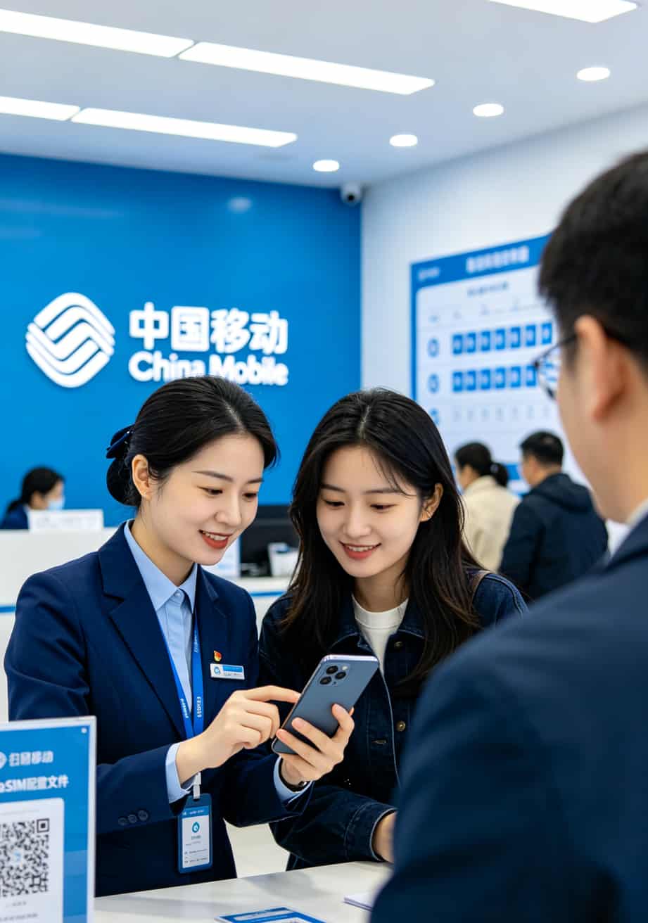 中国移动营业厅工作人员正在帮客户操作eSIM绑定