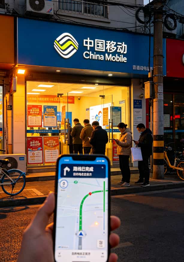 华硕随身WiFi+霸王卡流量卡折腾记:激活、避坑、省钱全在这儿了 手机导航到中国移动营业厅,门口排队办理业务