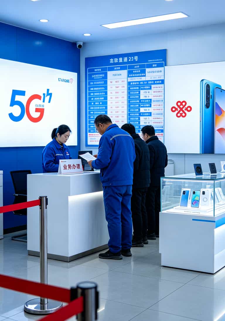 华为5G随身WiFi流量卡避坑指南:一张便宜又好用流量卡让我三年省两千 联通营业厅内景,服务台和展示柜台