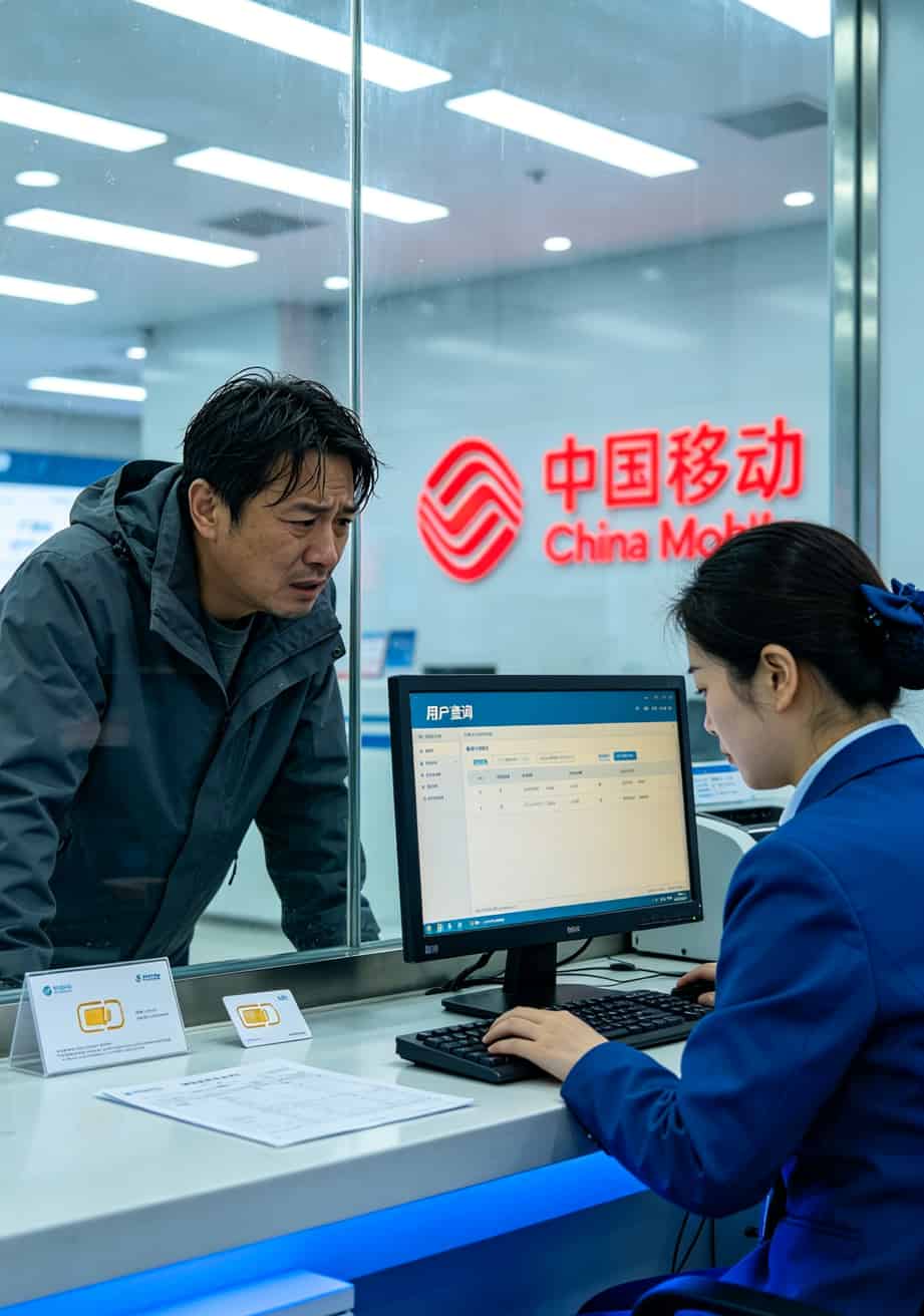 华强北被骗499块后,我拿华为6G随身WiFi实测了那张2021移动流量卡,结果出乎意料 移动营业厅办理业务柜台,工作人员正在查询SIM卡信息