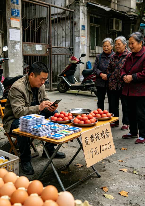 小区门口摆摊送鸡蛋的促销摊位