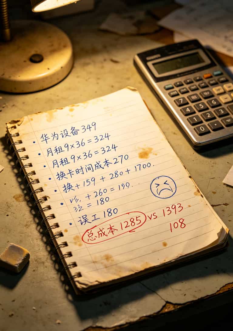 三年成本对比手写计算草稿，1285 vs 1393，旁边画了个哭脸