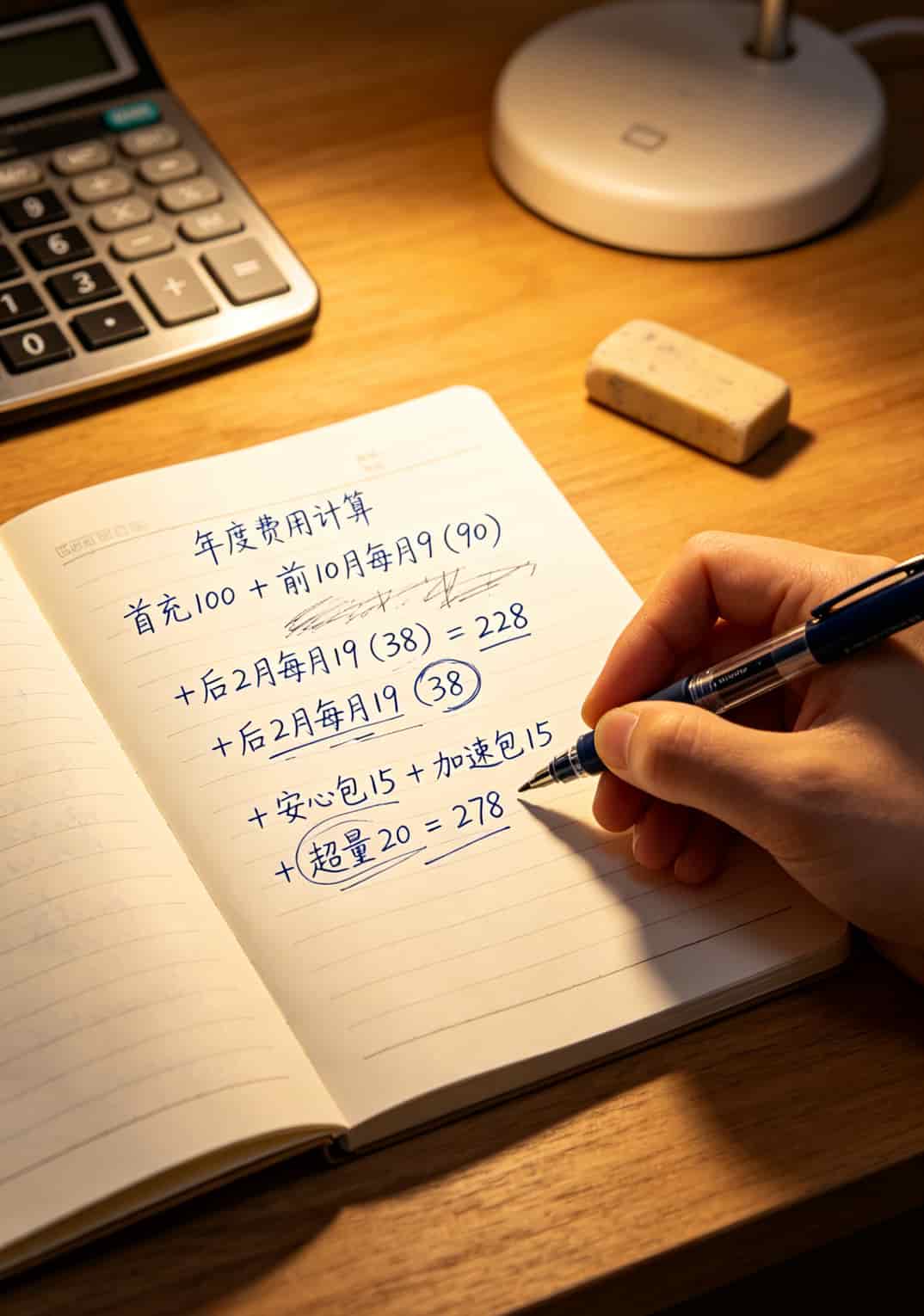 年度费用计算表格，首充100各项加起来总支出278元
